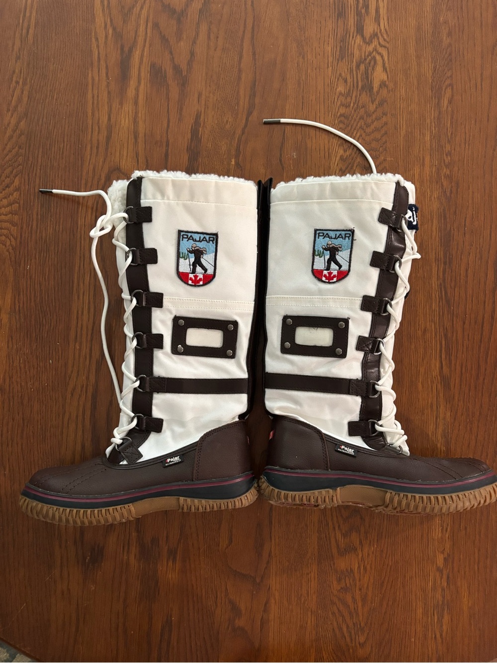 Pajar White and Brown Tall Lace-Up Winter Boots with Sherpa Trim